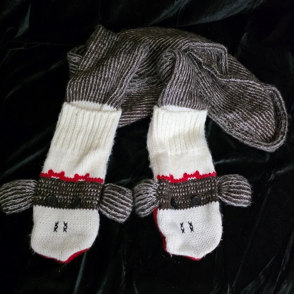 Knit Sock Monkey Scarf‎ with Hand Pockets Kitchy Whimsical Novelty Festive Retro